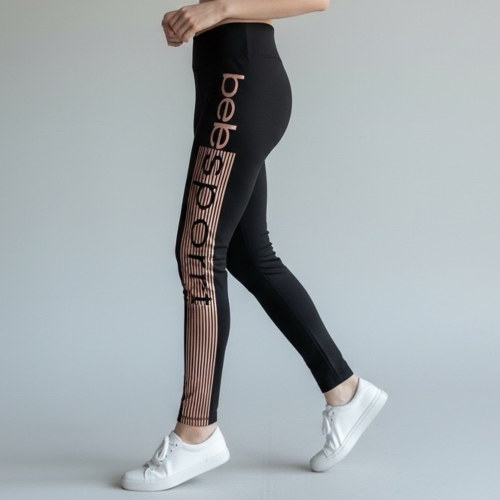 NWT “Bebe Sport” Black with Rose Gold Metallic Laser Cut Logo Legging Size: M - Picture 11 of 11